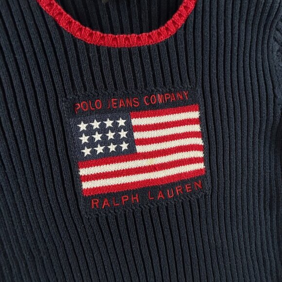 Polo Jeans Ralph Lauren Women Flag Sweater Rib Knit Large Short Sleeve Blue Red - Picture 2 of 13